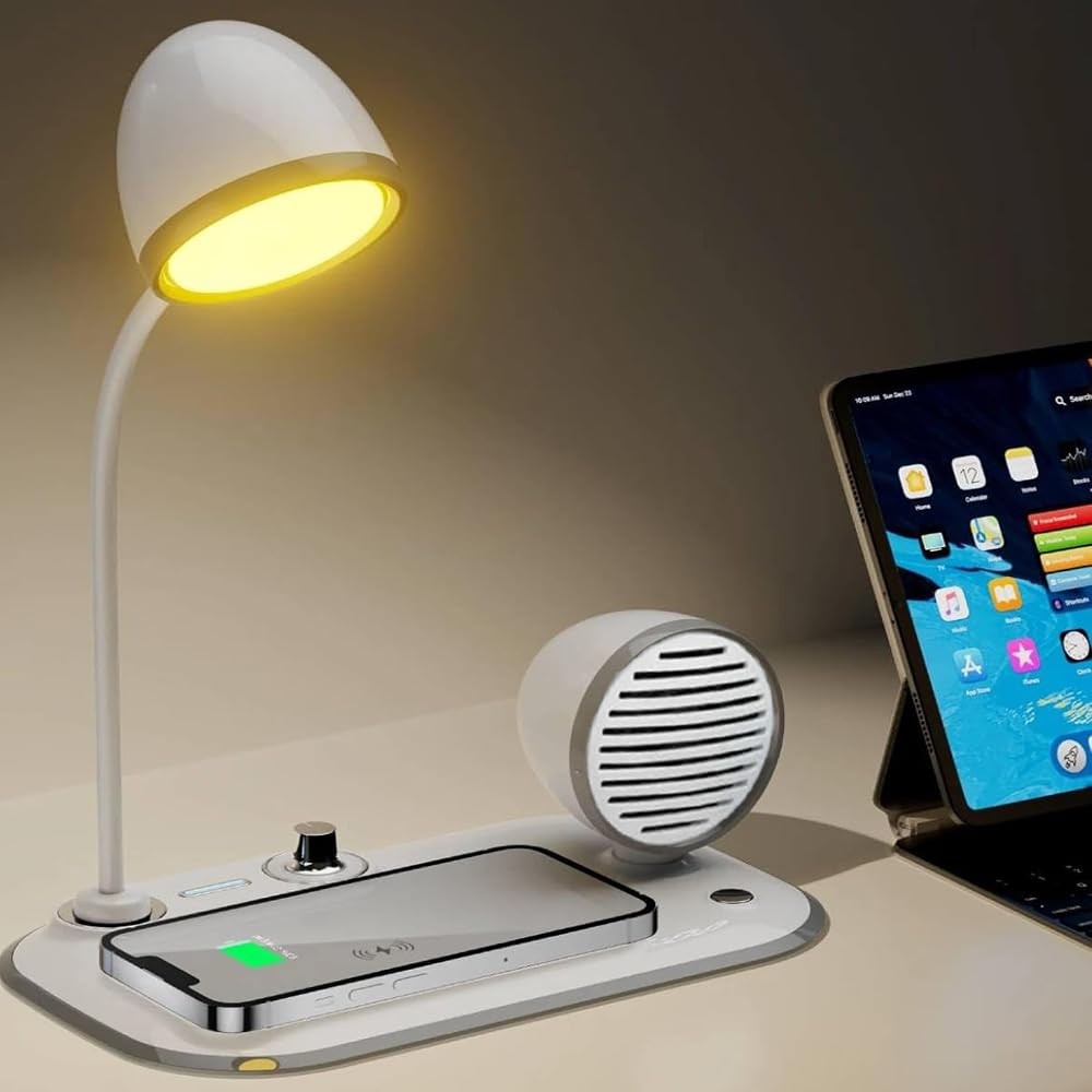 3'ü 1 Arada LED Masa Lambası, 15W Kablosuz Hızlı Telefon Şarj Standı, Bluetooth Hoparlör