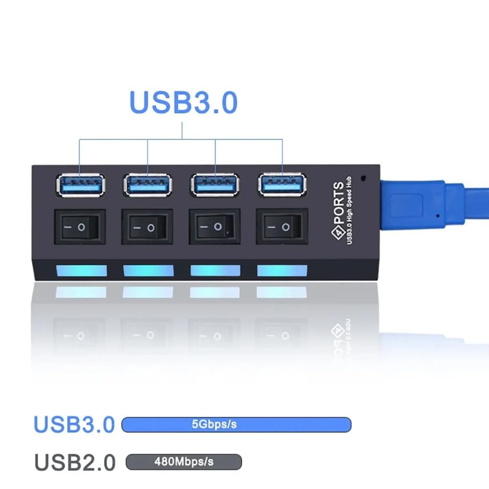 The Wlue USB 3.0 Çoklayıcı Hub, 4 Port, Anahtarlı ve LED Işıklı, 50 cm Kablo