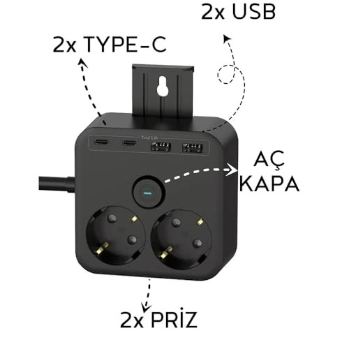 The Wlue 3680W 2'li Akım Korumalı Priz Uzatma Kablosu, 2 USB ve 2 Type-C Giriş, 1.4 Metre, Anahtarlı
