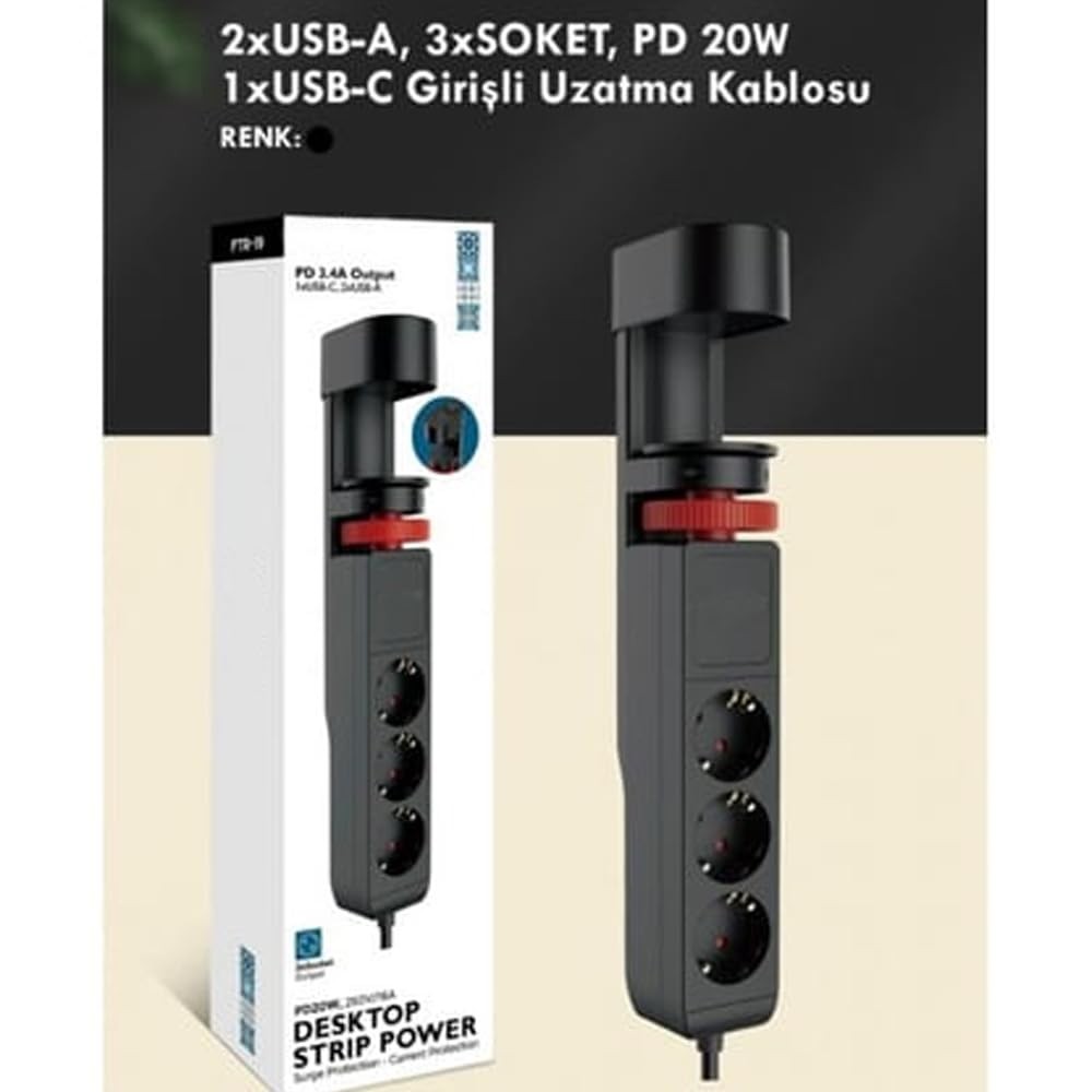 The Wlue 3'lü Akım Korumalı Priz Çoğaltıcı, 20W, 2 USB, 1 Type-C, 2 Metre Kablo, Ofis/Bilgisayar Masası için