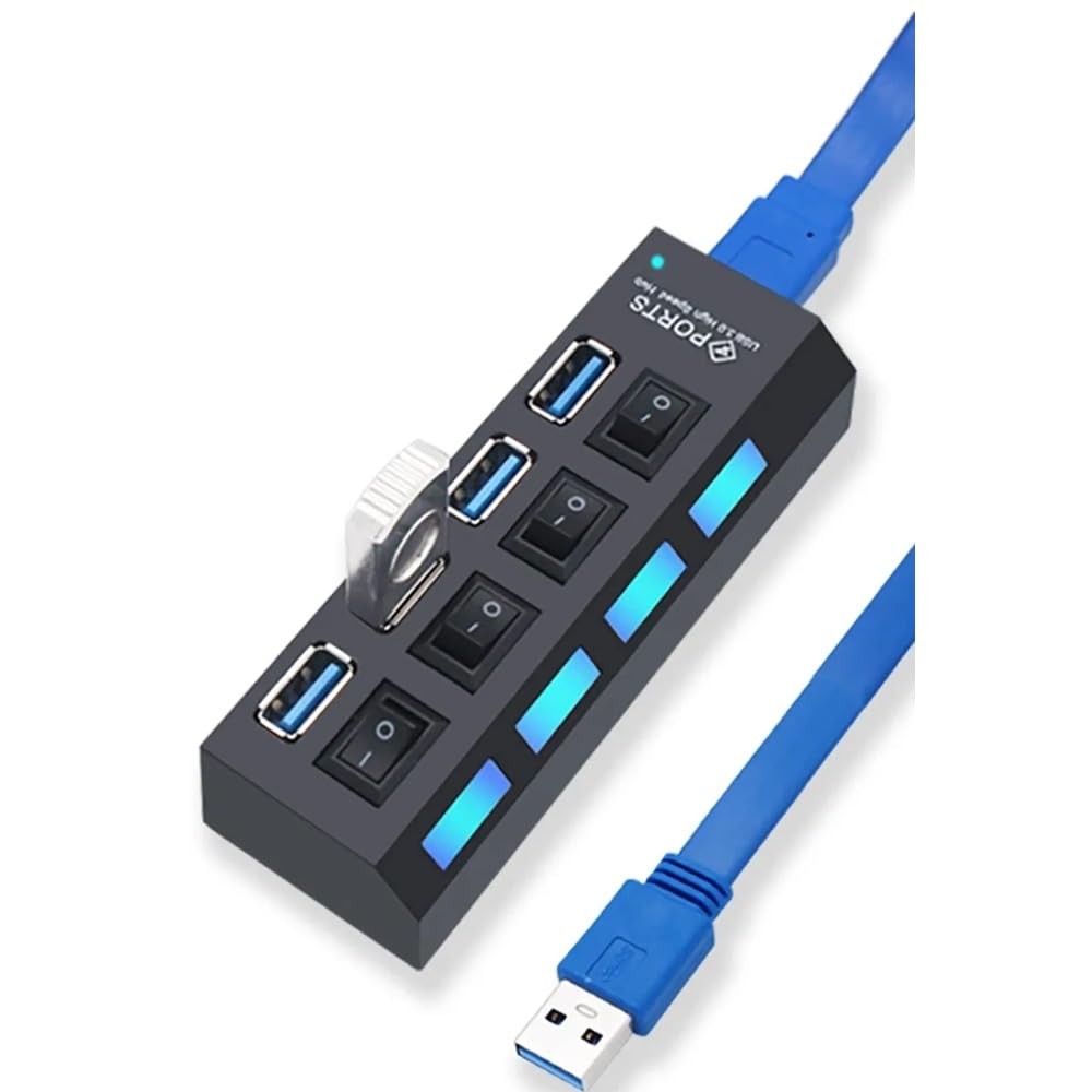 The Wlue USB 3.0 Çoklayıcı Hub, 4 Port, Anahtarlı ve LED Işıklı, 50 cm Kablo