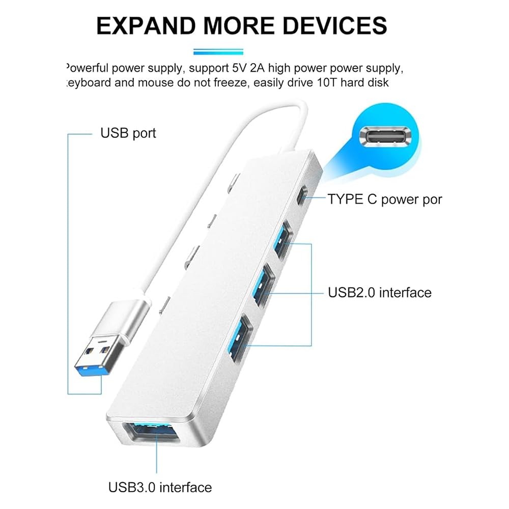 The Wlue USB Hub Adaptör, 4 Port (3xUSB 2.0, 1xUSB 3.0), Type-C Güç Girişli, MacBook Uyumlu, 5 Gbps