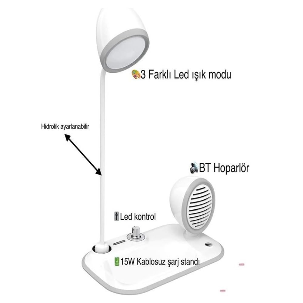 3'ü 1 Arada LED Masa Lambası, 15W Kablosuz Hızlı Telefon Şarj Standı, Bluetooth Hoparlör