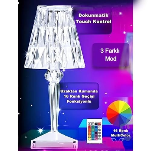 The Wlue Akrilik Şarjlı Kristal Led Abajur Masa Lambası 20 Mod Rgb Dokunmatik Ambians Dekor Gece Lambası, Kumandalı