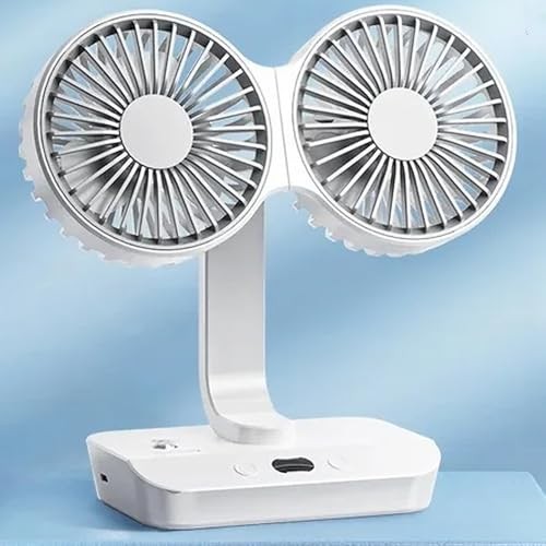The Wlue Çift Fanlı Masa Üstü Vantilatör, 3 Hız Ayarlı, LED Işıklı, Type-C Şarj, Otomatik Salınım, Beyaz