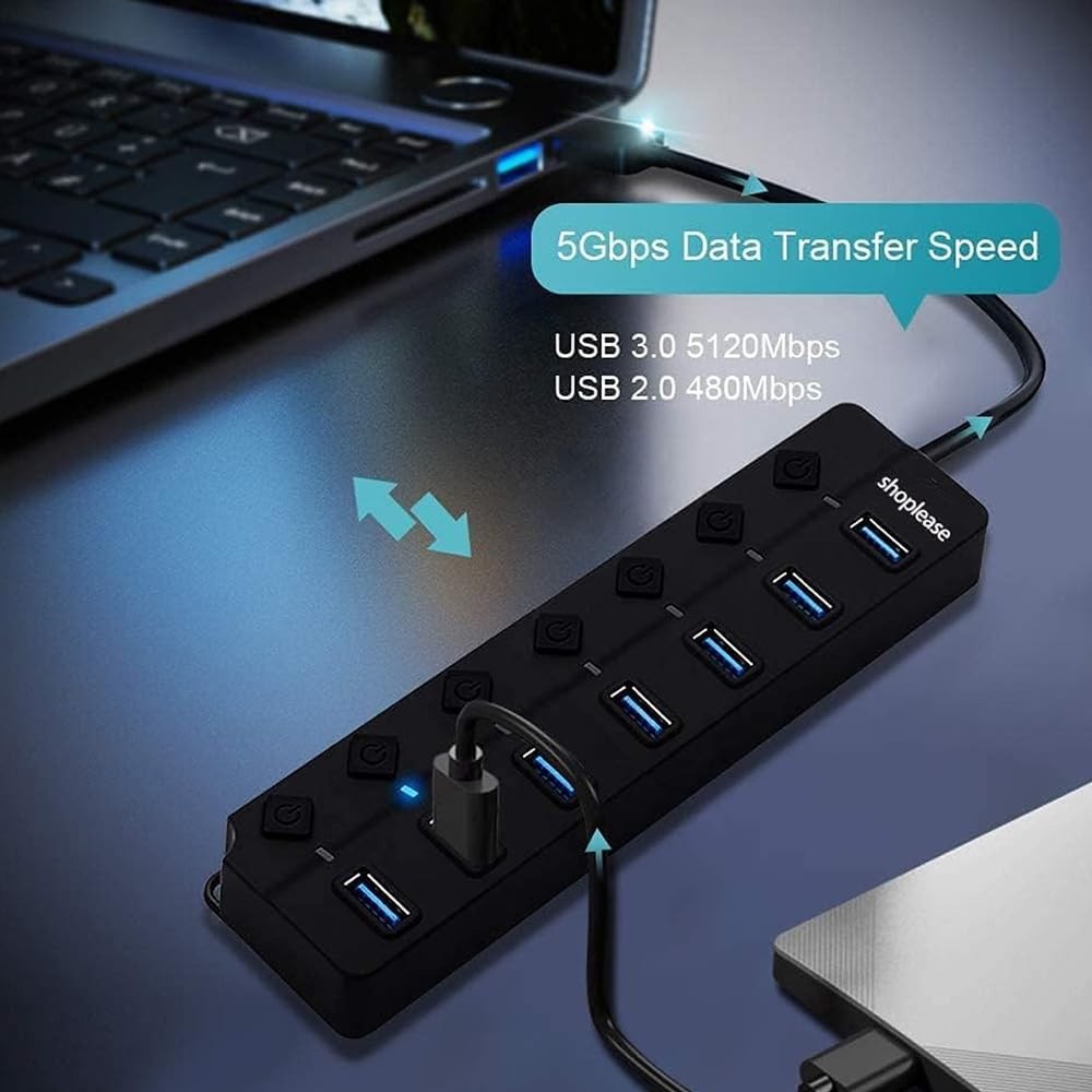 The Wlue USB 3.0 High Speed 7 Port USB Çoklayıcı Anahtarlı ve Işıklı 5GBPS HUB 1.2 Metre Kablo