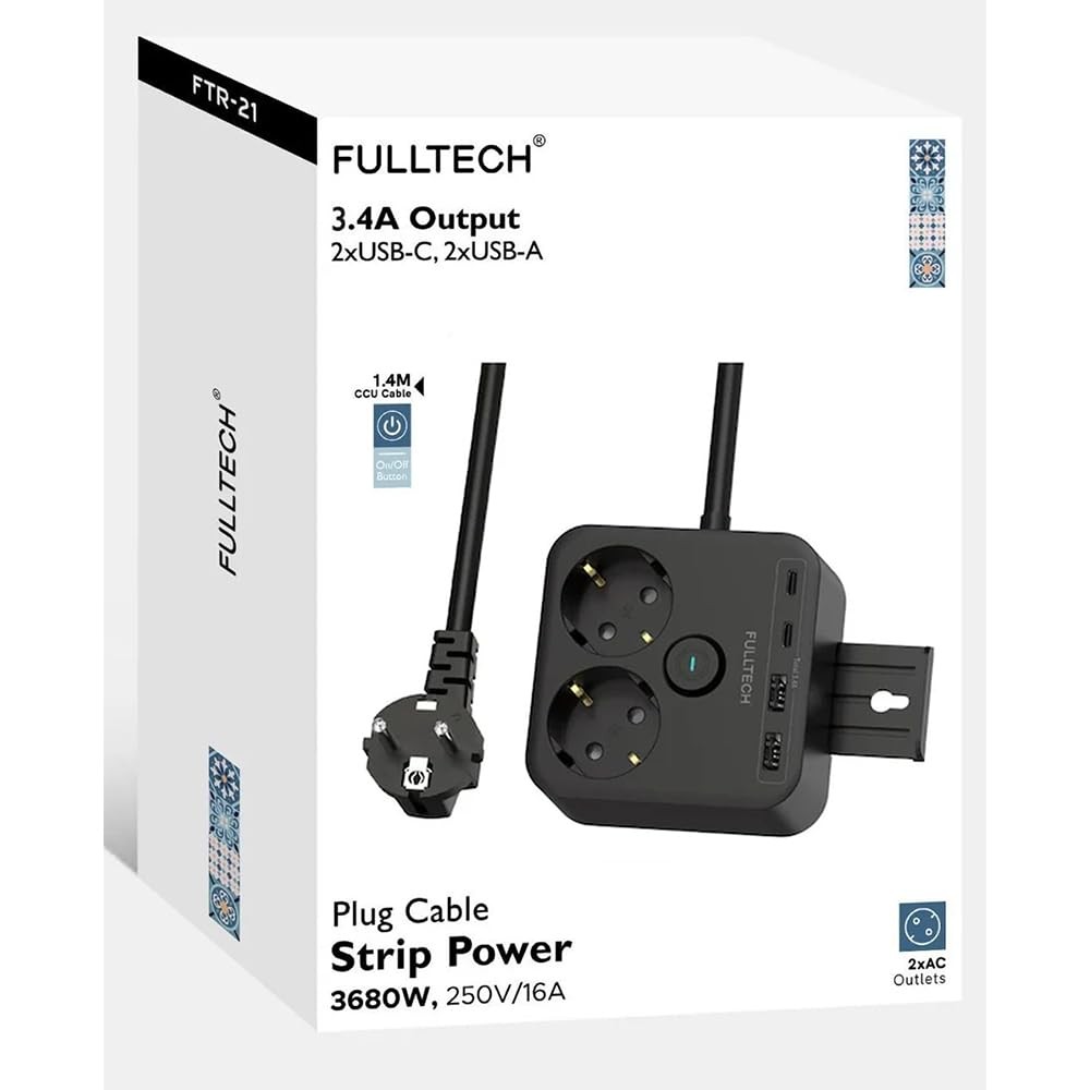 The Wlue 3680W 2'li Akım Korumalı Priz Uzatma Kablosu, 2 USB ve 2 Type-C Giriş, 1.4 Metre, Anahtarlı