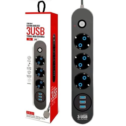 The Wlue Çoklu 3'lü Priz, 3xUSB Çıkışlı, 10A, 2500 Watt, 2 Metre Uzatma Kablosu, Anahtarlı, Çocuk Korumalı, Siyah