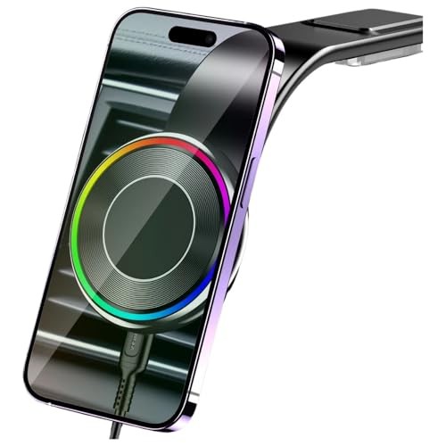 The Wlue 15W Manyetik Araç içi Telefon Tutucu, RGB Işıklı, Kablosuz Şarj, MagSafe Uyumlu, Torpido Üstü