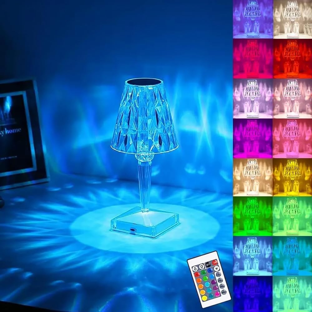 The Wlue Akrilik Şarjlı Kristal Led Abajur Masa Lambası 20 Mod Rgb Dokunmatik Ambians Dekor Gece Lambası, Kumandalı