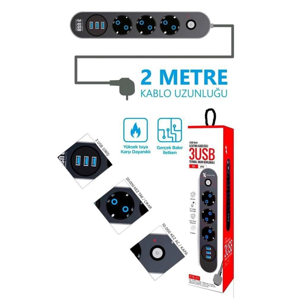 The Wlue Çoklu 3'lü Priz, 3xUSB Çıkışlı, 10A, 2500 Watt, 2 Metre Uzatma Kablosu, Anahtarlı, Çocuk Korumalı, Siyah