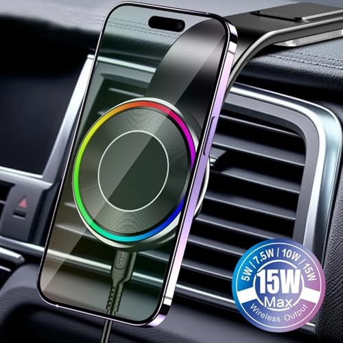 The Wlue 15W Manyetik Araç içi Telefon Tutucu, RGB Işıklı, Kablosuz Şarj, MagSafe Uyumlu, Torpido Üstü