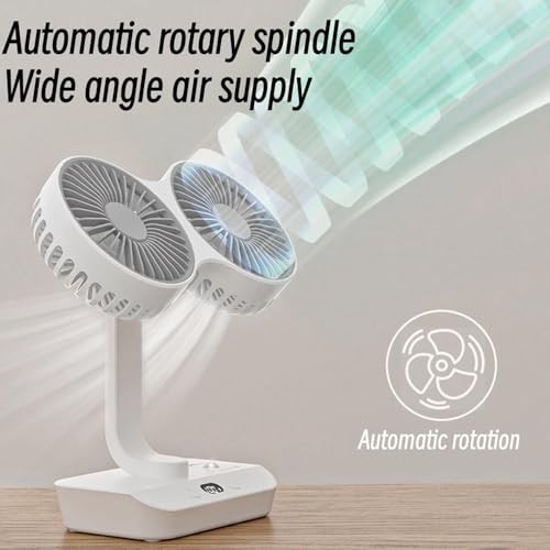 The Wlue Çift Fanlı Masa Üstü Vantilatör, 3 Hız Ayarlı, LED Işıklı, Type-C Şarj, Otomatik Salınım, Beyaz