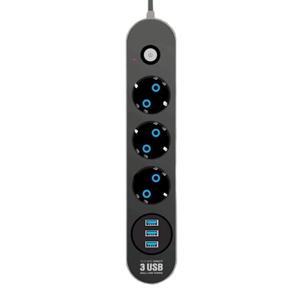The Wlue Çoklu 3'lü Priz, 3xUSB Çıkışlı, 10A, 2500 Watt, 2 Metre Uzatma Kablosu, Anahtarlı, Çocuk Korumalı, Siyah