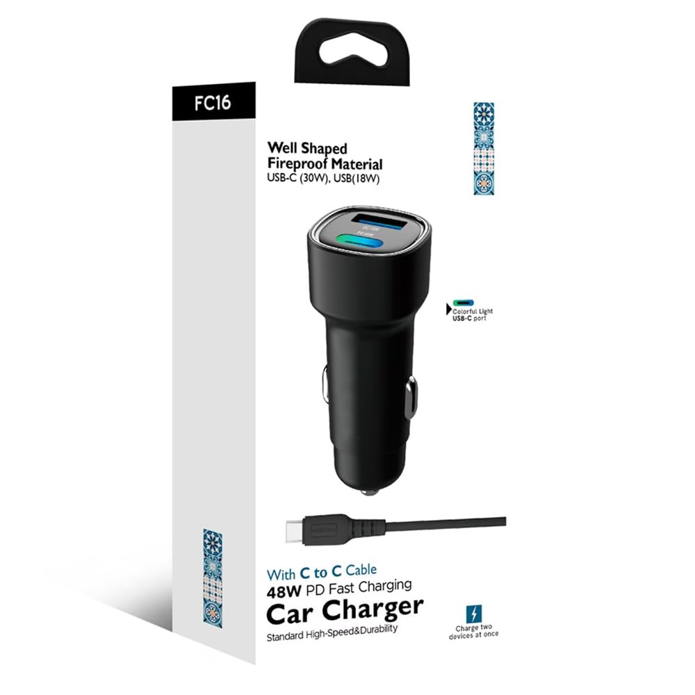 The Wlue 48W PD Araç içi Çakmaklık Hızlı Şarj Aleti 1x Type-c 30W PD 1x Usb3.0 18W (KABLO DAHİLDİR)