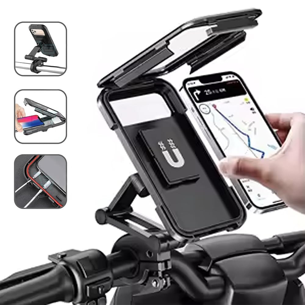 The Wlue Motosiklet Bisiklet Gidon Telefon Tutucu, 360° Ayarlanabilir, Su Geçirmez, Mıknatıslı Kilitli