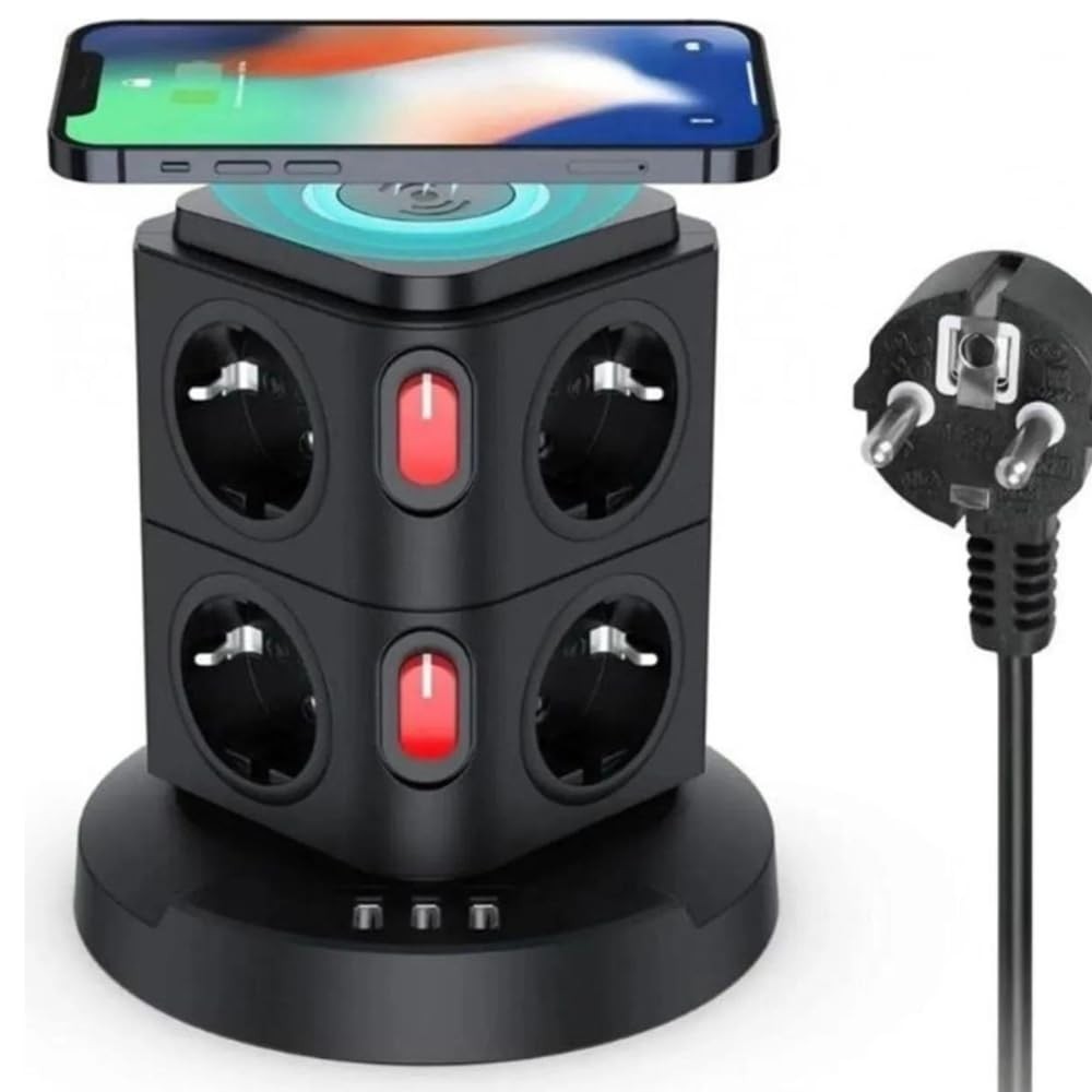 The Wlue Akım Korumalı Priz Çoğaltıcı, 8'li, 10W Kablosuz Şarj, 1x USB, 2x Type-C, 2m Uzatma Kablosu