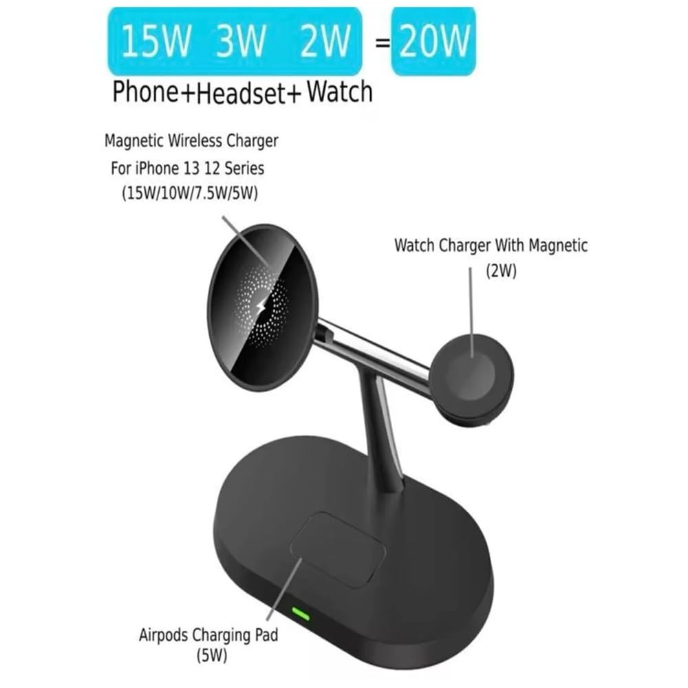 The Wlue 3'ü 1 Arada MagSafe Uyumlu 15W Kablosuz Şarj Standı, iPhone, Android Telefon, Apple Watch ve Kulaklık Uyumlu