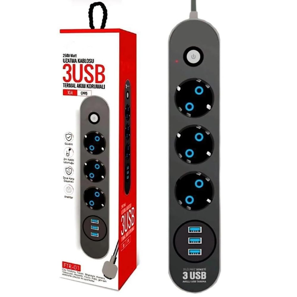 The Wlue Çoklu 3'lü Priz, 3xUSB Çıkışlı, 10A, 2500 Watt, 2 Metre Uzatma Kablosu, Anahtarlı, Çocuk Korumalı, Siyah