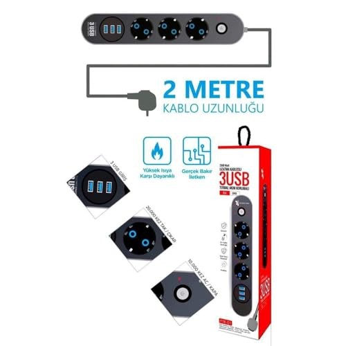 The Wlue Çoklu 3'lü Priz, 3xUSB Çıkışlı, 10A, 2500 Watt, 2 Metre Uzatma Kablosu, Anahtarlı, Çocuk Korumalı, Siyah