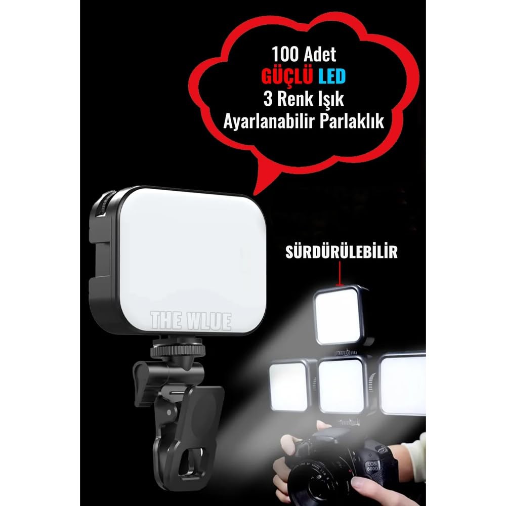 The Wlue 100 LED Selfie Video Kamera Işığı, Tripod Uyumlu, 3500-6500 Kelvin, Şarjlı, Mandallı, Dimmer Ayarlı