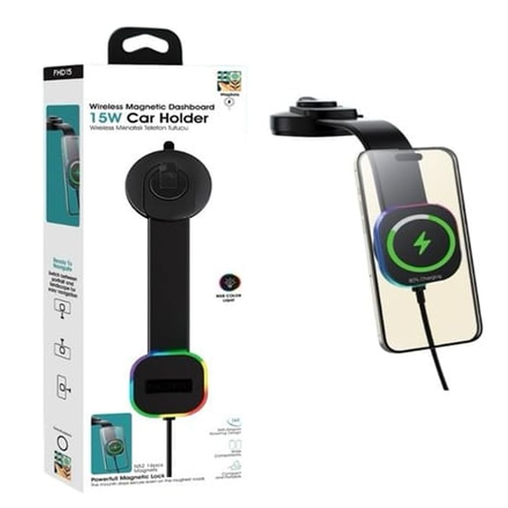 The Wlue 15W Manyetik Araç içi Telefon Tutucu, RGB Işıklı, Kablosuz Şarj, MagSafe Uyumlu, Torpido Üstü