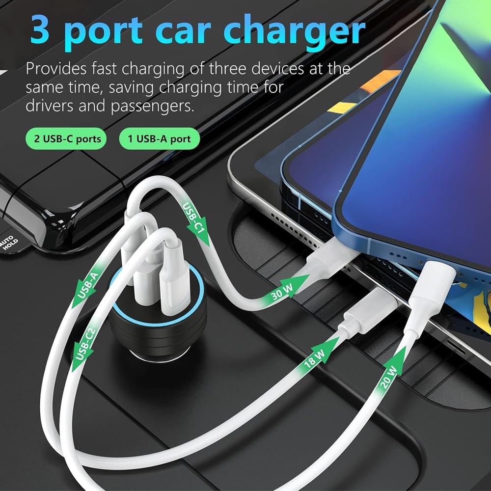 The Wlue 60W PD Süper Hızlı Şarj Araç içi Çakmaklık Şarj Aleti 2x Type-c 60W PD 1x Usb3.0 18W