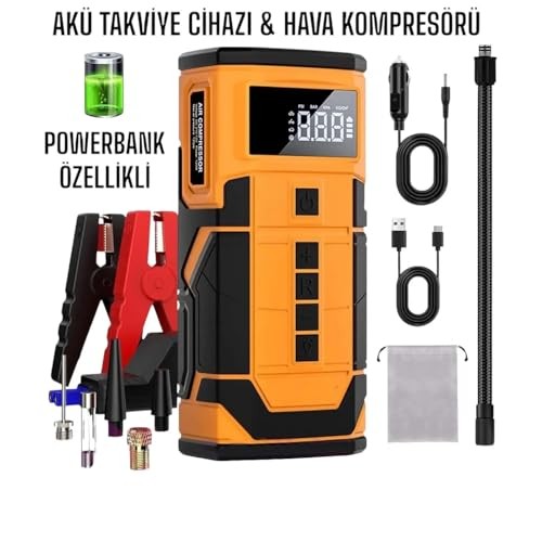 Kablosuz Şarjlı Taşınabilir Araç Akü Start 8000 mAh 14.8V Powerbank Destekli Oto Hava Kompresörü