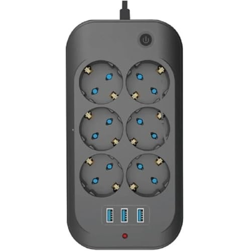 The Wlue Çoklu Priz, 6'lı, 3 USB Port 3.4A, 2500W, 2M Kablo, Akım ve Çocuk Korumalı, Anahtarlı, Siyah