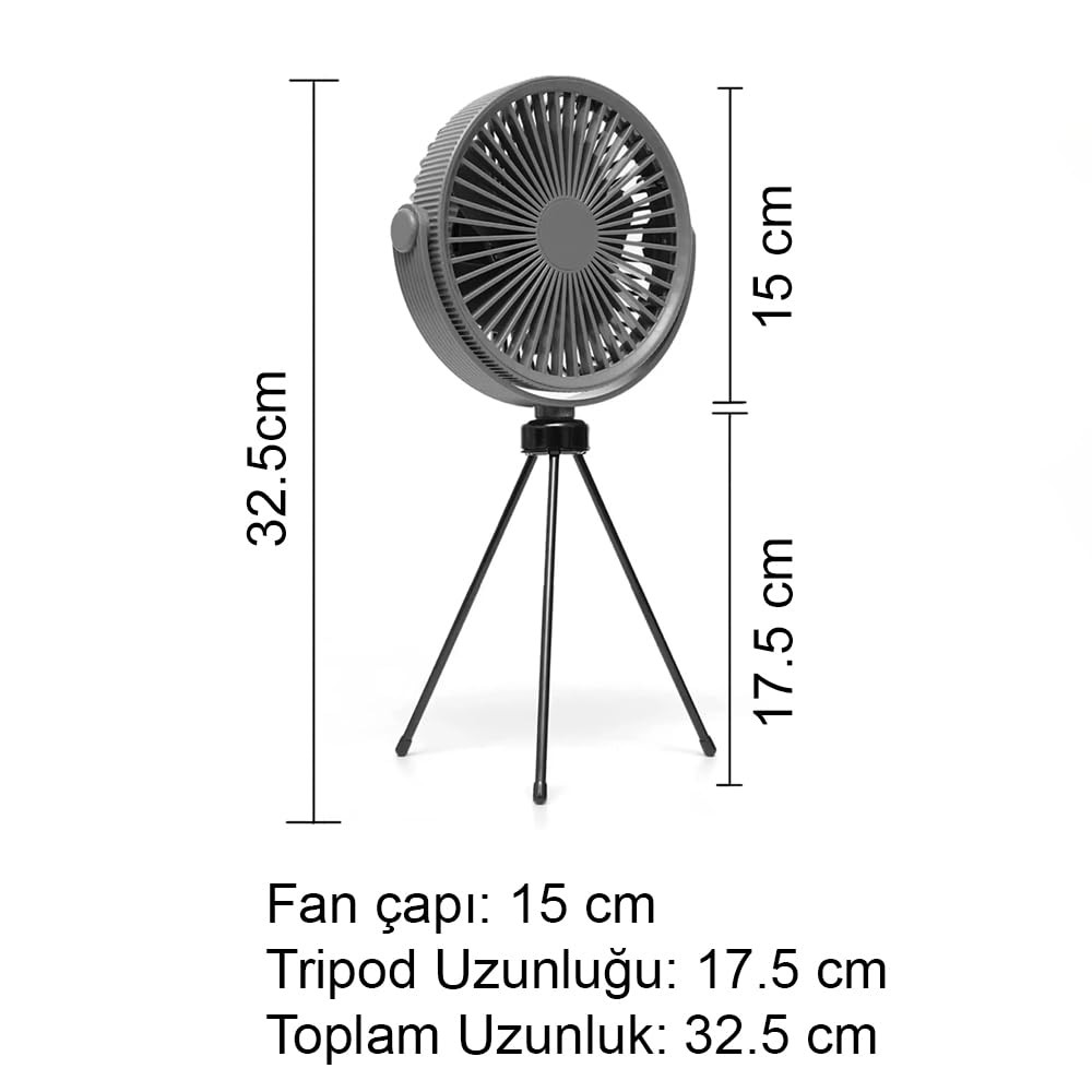 The Wlue Şarjlı Vantilatör/LED Işıklı / 3 Kademeli Hız Ayarı/Tripod ve Askılı Kamp için Fan