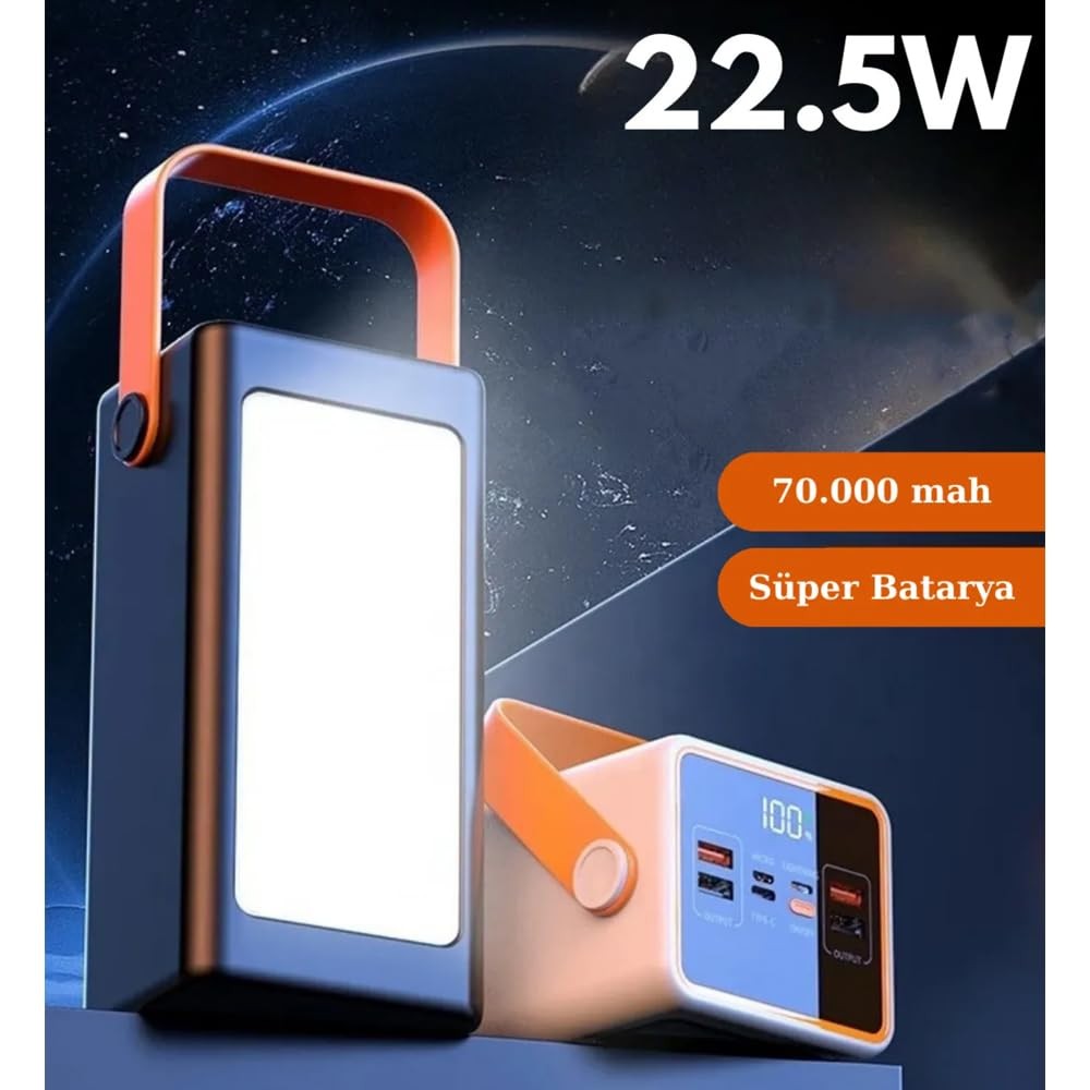 The Wlue 70000 mAh Powerbank LED Aydınlatmalı Taşınabilir Şarj Cihazı, 22.5W PD Hızlı Şarj, Dijital Gösterge, Kamp için