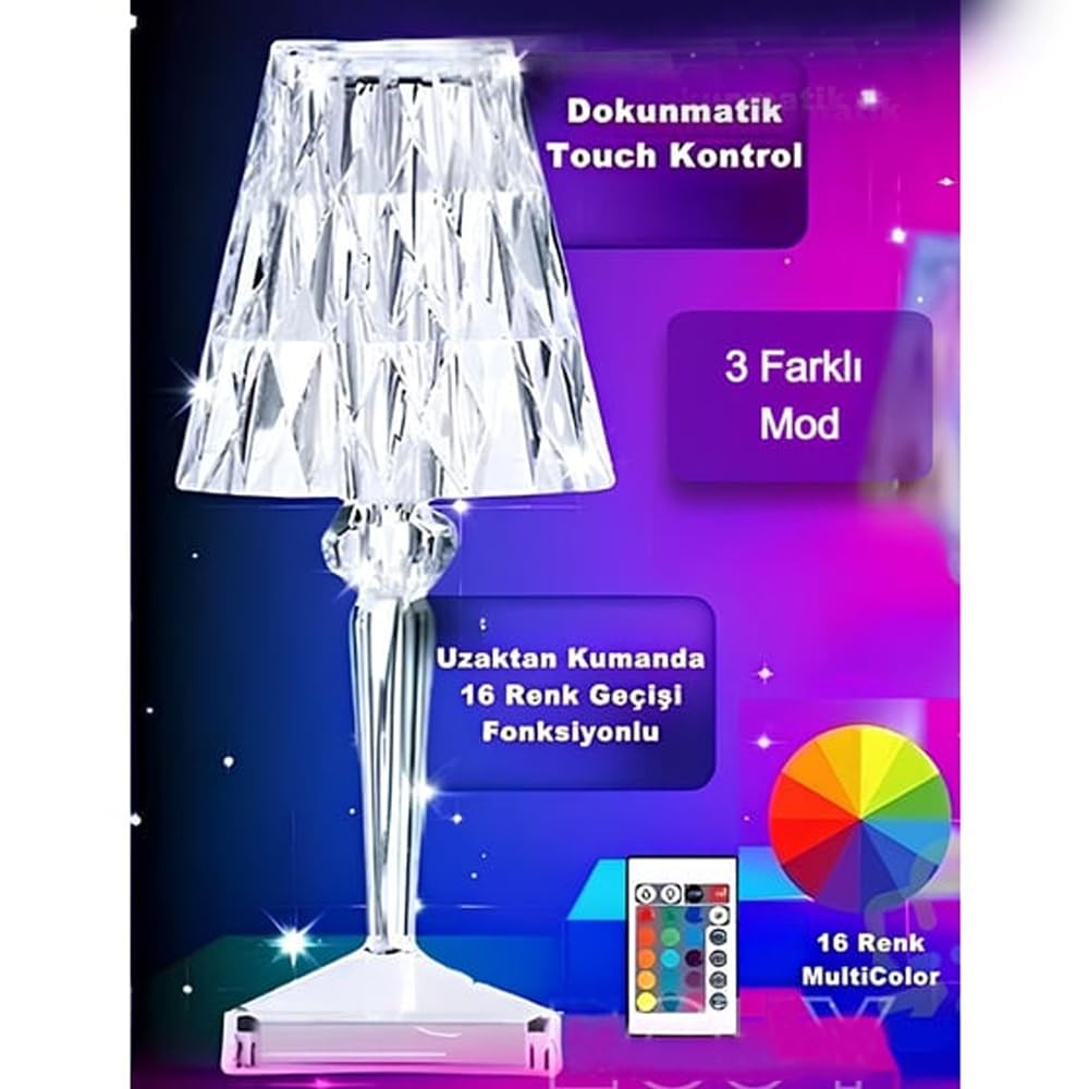 The Wlue Akrilik Şarjlı Kristal Led Abajur Masa Lambası 20 Mod Rgb Dokunmatik Ambians Dekor Gece Lambası, Kumandalı