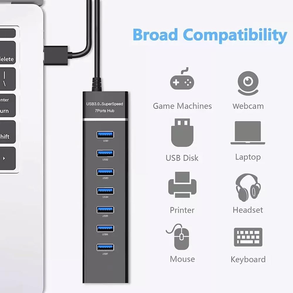 The Wlue USB 3.0 Yüksek Hızlı Hub, 7 Port, 5 Gbps, 1,2 Metre Kablo