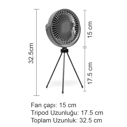 The Wlue Şarjlı Vantilatör/LED Işıklı / 3 Kademeli Hız Ayarı/Tripod ve Askılı Kamp için Fan