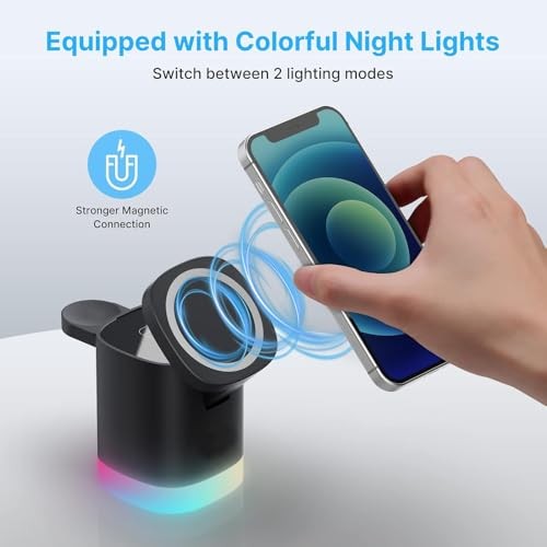 The Wlue 3'ü 1 Arada MagSafe Uyumlu RGB Kablosuz Şarj Standı, 15W, iPhone Android Telefon, Apple Watch ve Kulaklık için Şarj İstasyonu
