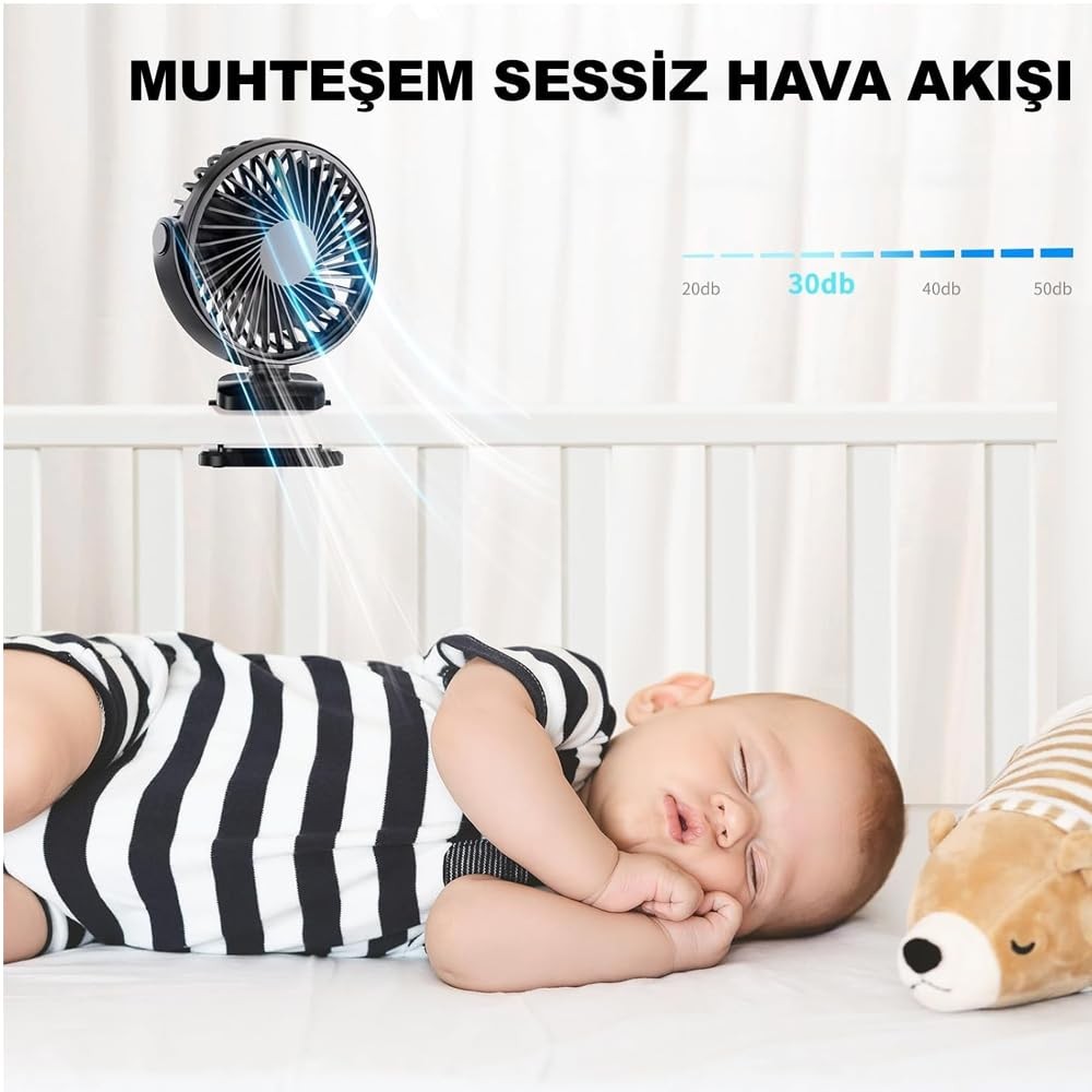 The Wlue Şarjlı Mini Vantilatör/Klipsli 360 Derece Dönebilen Portatif Fan Soğutucu / 3 Kademeli