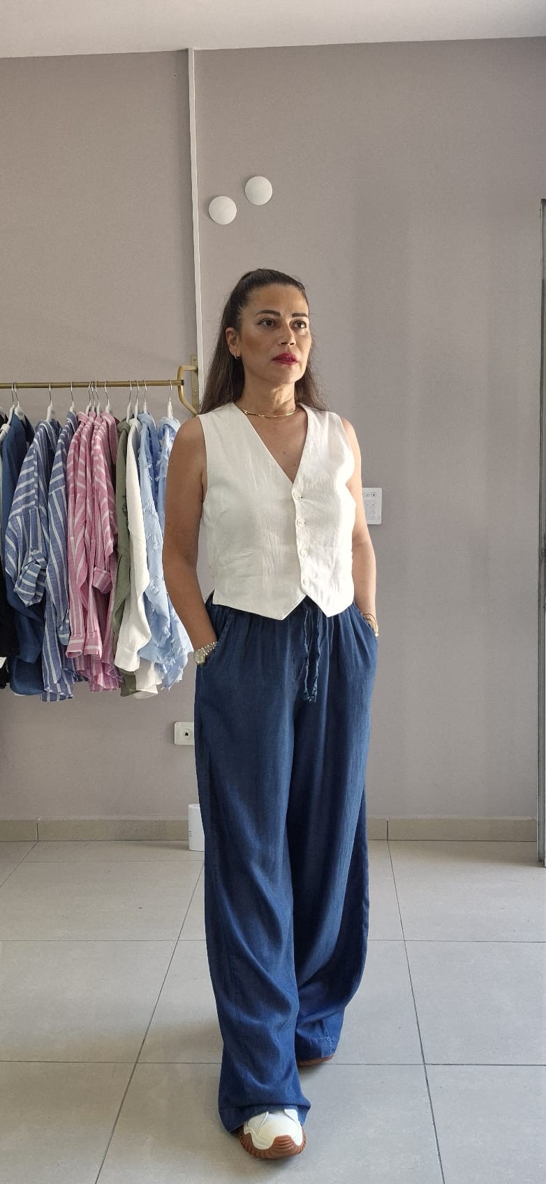 Büyük Beden Tencel Beli Lastikli Pantolon (Koyu Mavi)