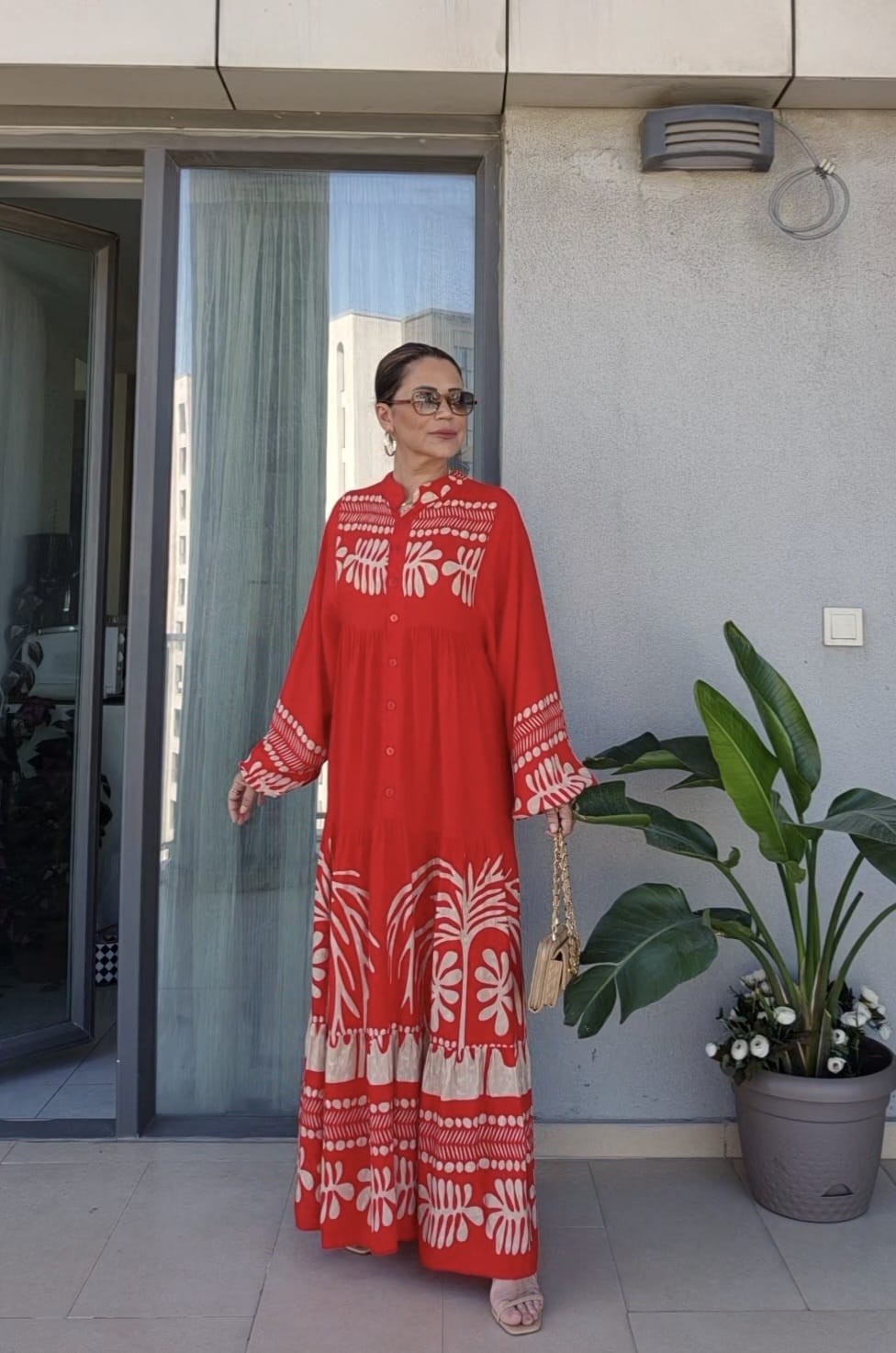 Kırmızı Bej Bahama Desen Viskon Elbise