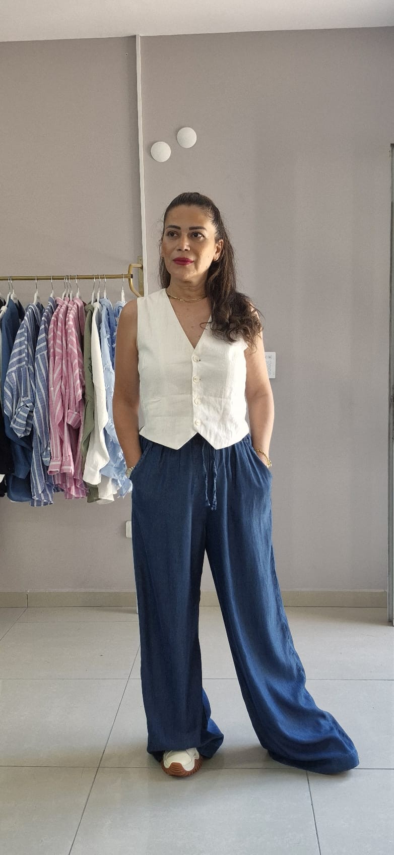 Büyük Beden Tencel Beli Lastikli Pantolon (Koyu Mavi)
