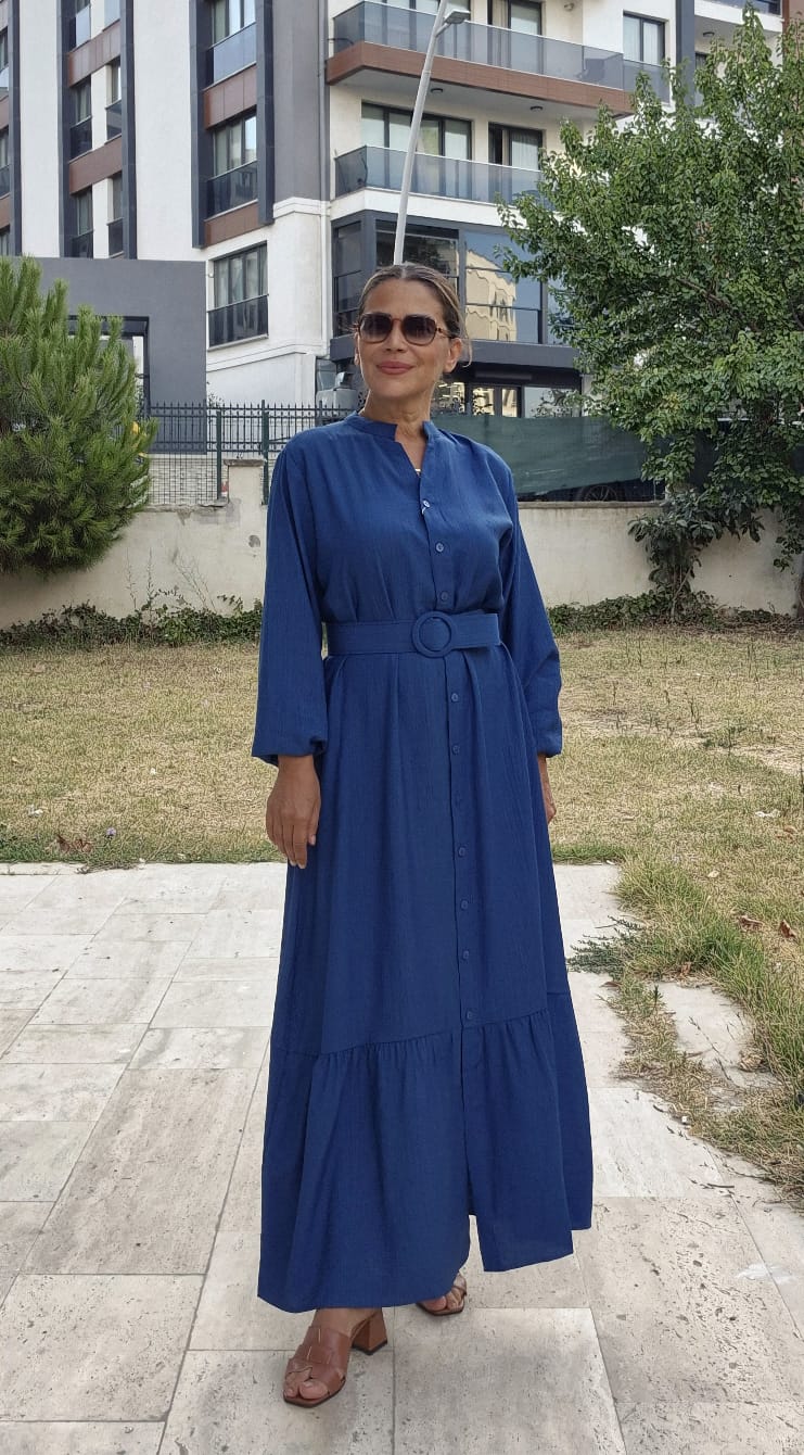 Önden Düğmeli Kemerli Çilek Elbise - indigo
