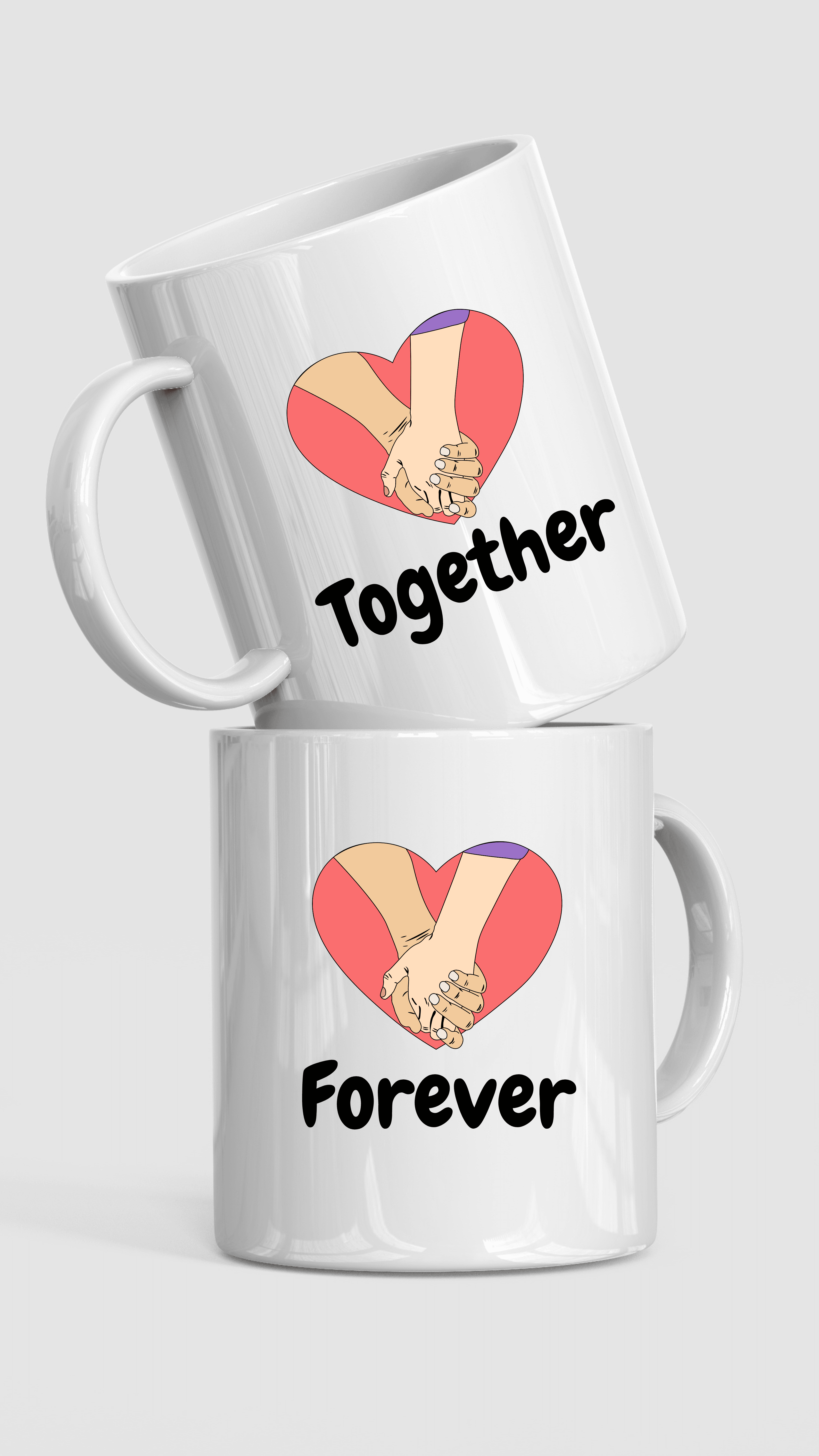 Together Forever - Sevgiliye Özel El Ele Kalpli Kupa Bardak Seti