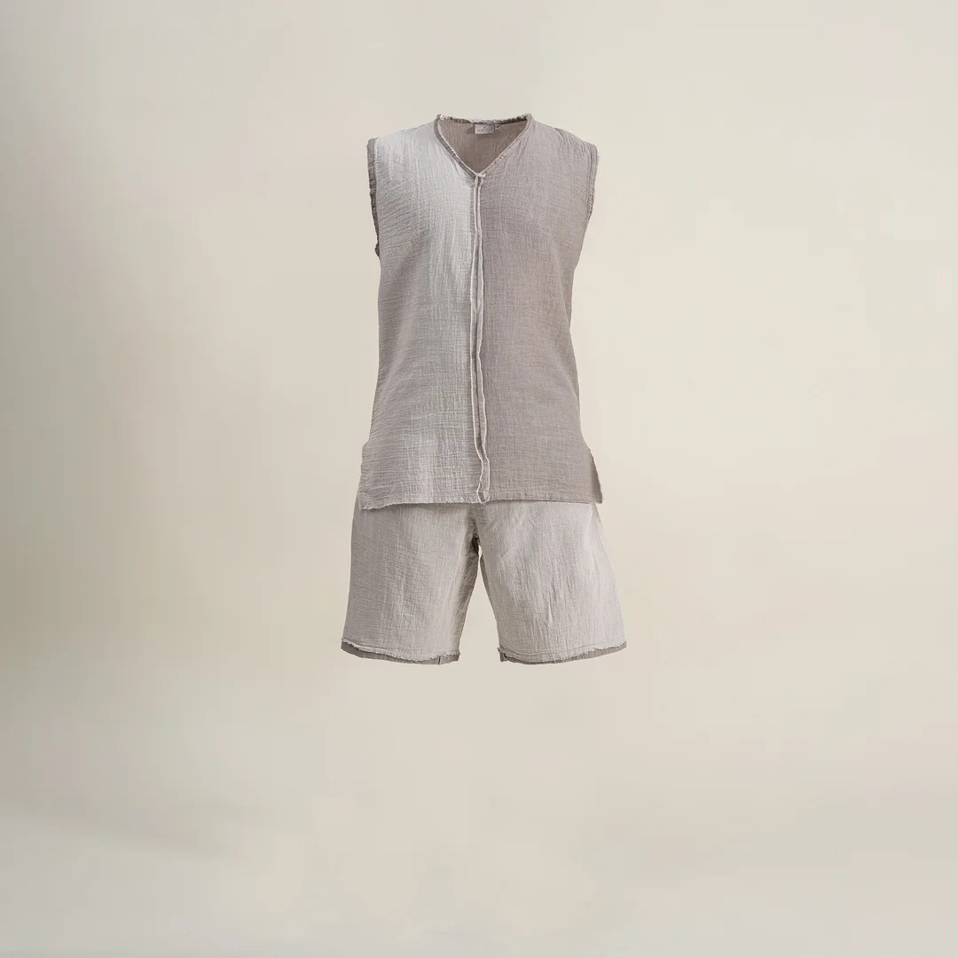 Melsa Erkek Şortlu Pijama Takımı Organik Pamuk Müslin Açık Gri