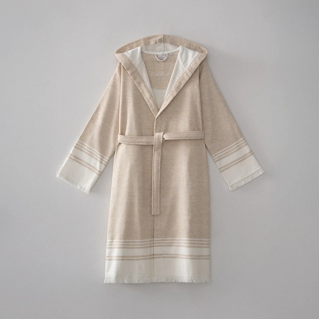 Erva Kadın Bornoz Organik Pamuk Keten Bej