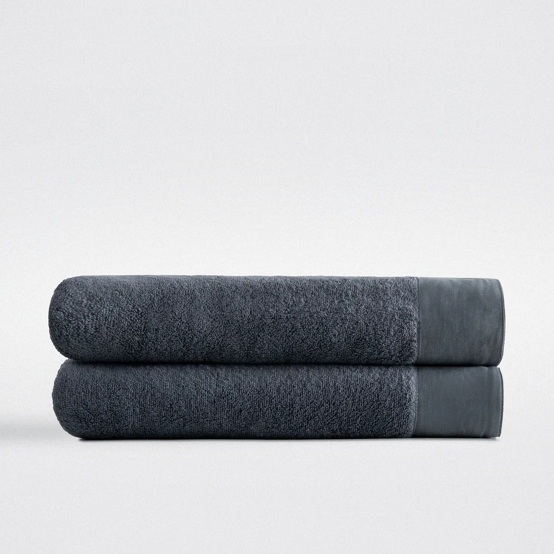 Pure Cotton 2 li Banyo Havlusu Seti Organik Pamuk Bez Bordürlü Antrasit