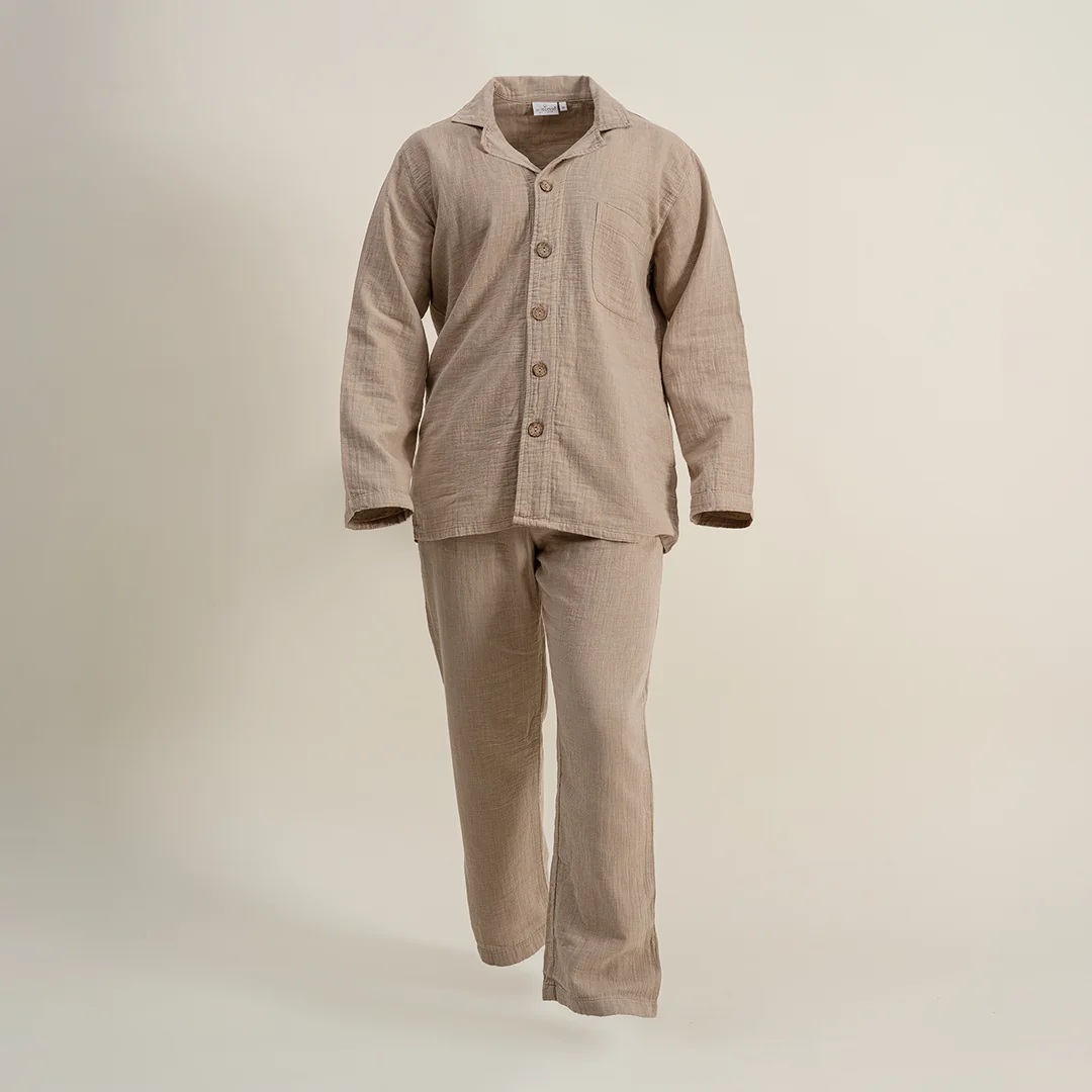 Melsa Erkek Pijama Takımı Organik Pamuk Müslin Bej