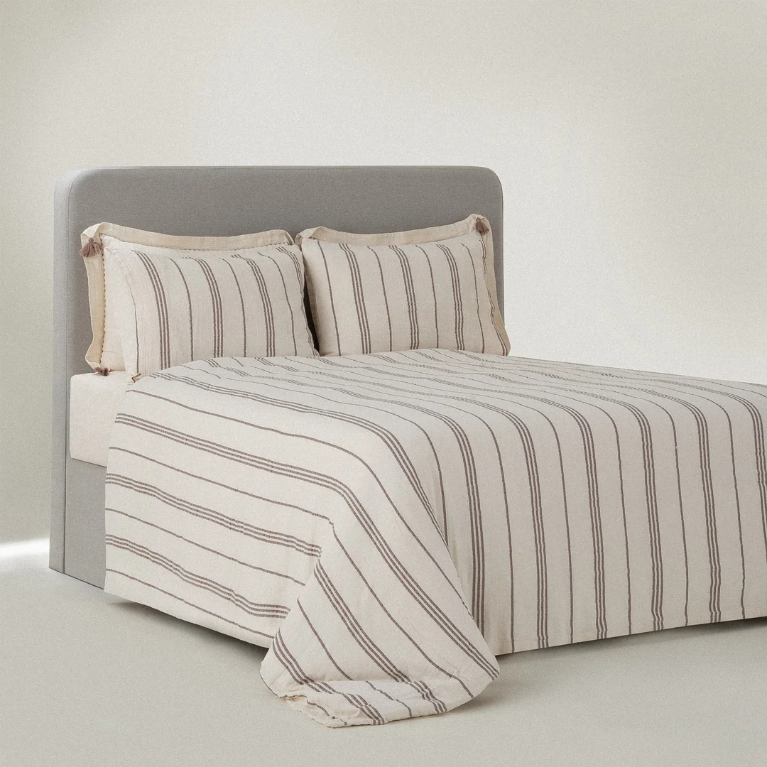 İzgi Çift Kişilik Nevresim Takımı Organik Pamuk Müslin Bej