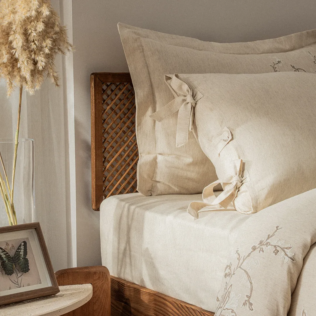 Libera Battal Boy Nevresim Takımı Organik Pamuk Keten Krem-Bej