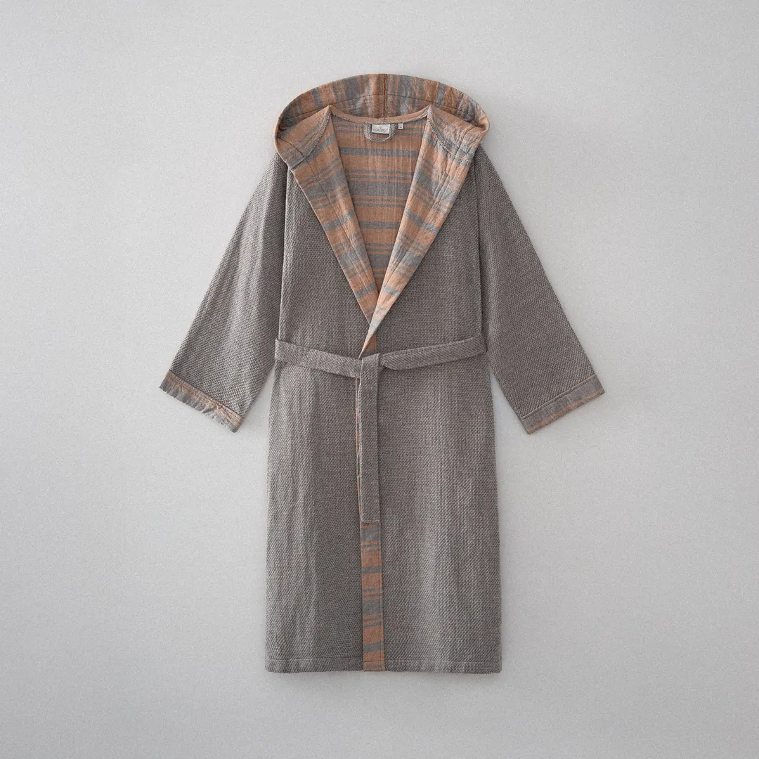 Mila Erkek Bornoz Organik Müslin Gri/Taba