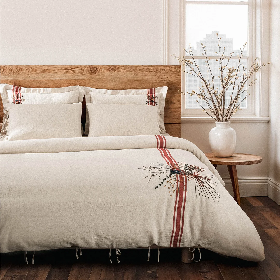 Charla Çift Kişilik Nevresim Takımı Organik Pamuk Kenevir Ekru-Kırmızı