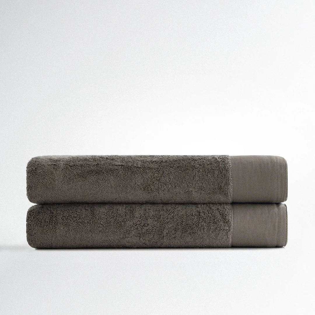 Pure Cotton 2 li Banyo Havlusu Seti Organik Pamuk Bez Bordürlü Gri
